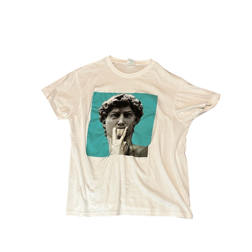 David Eating Italy White Teal Graphic Tee T-Shirt Medium Funny Short Sleeve